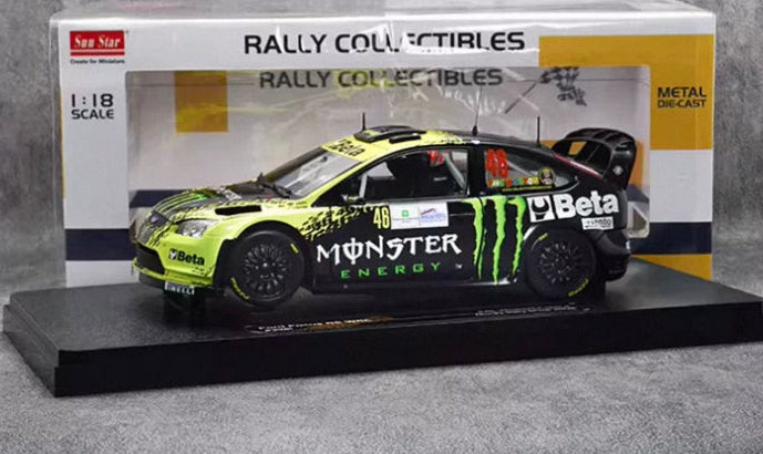 Sunstar 1:18 Rally Collectible Diecast Car – Monster Energy Sponsor – Metal Body, Detailed Interior